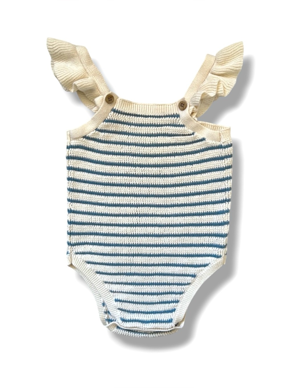 🌵3/$20 Cloud Island Blue Cream Stripe Knit Romper 12M Ruffle Strap